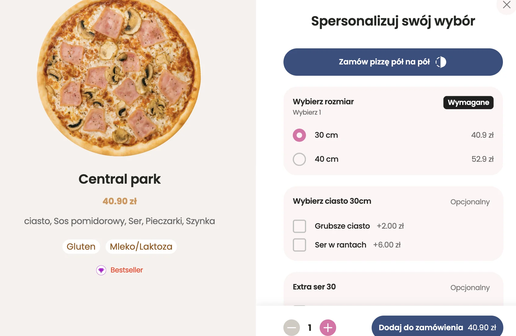 Karta produktu w YummyOrder: rozmiar, ciasto, extra ser, pół na pół