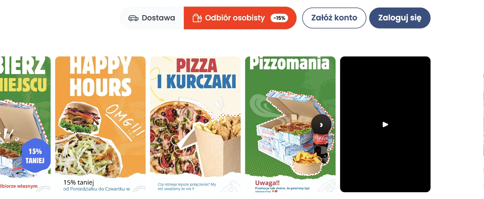 Zakładka z reelsami w YummyOrder: kafelek wideo obok banerów promocji